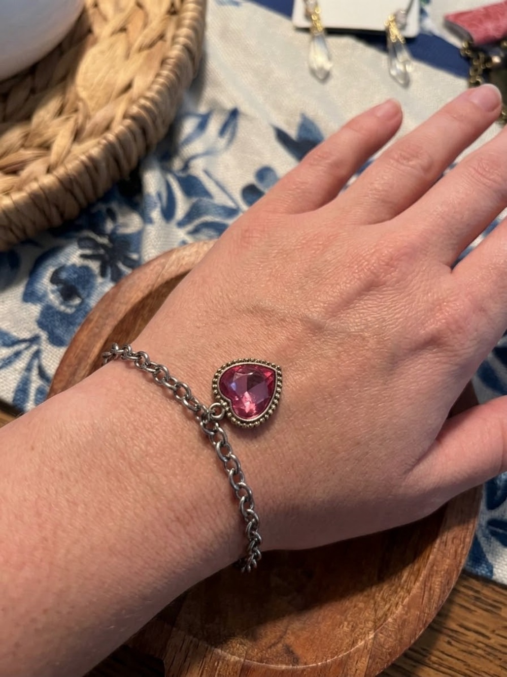 Charming Charlie Silver Chain Bracelet with Pink Heart Charm